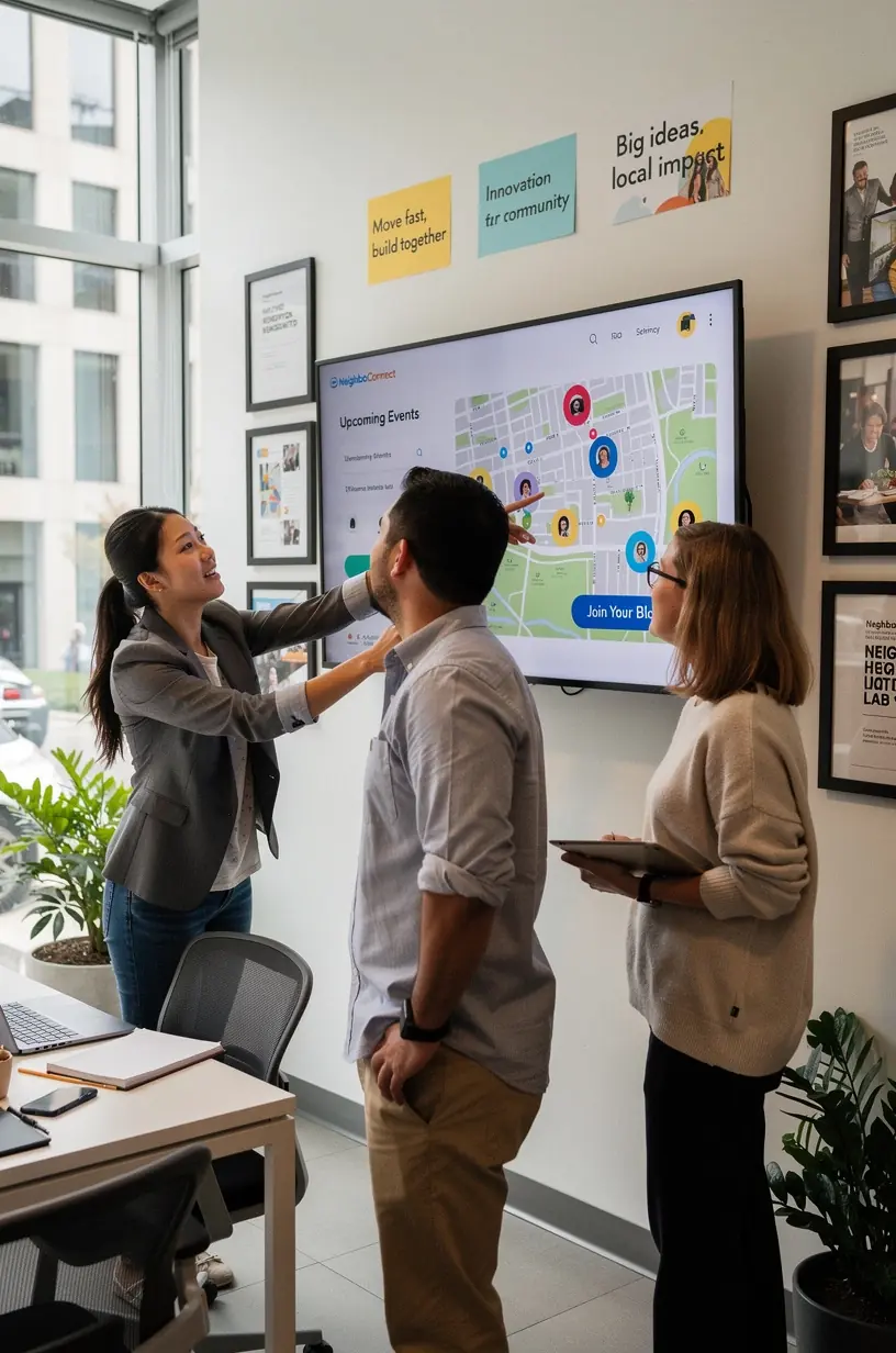 A community meeting with diverse residents discussing technology plans for local district improvement.